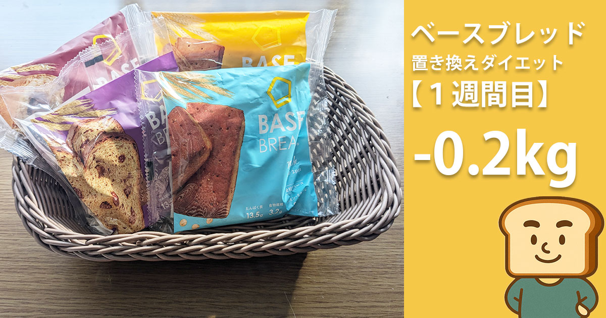 alt="バスケットに盛ったベースブレッド各味の写真とブランドイエロー帯に『ベースブレッド置き換えダイエット【1週間目】-0.2kg』と大きく表示し、右下でベスパンおじさんが微笑むサムネイル画像"